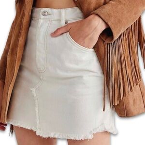 Off White Denim Distressed high waisted skirt size 26 by We The Free mini jean.